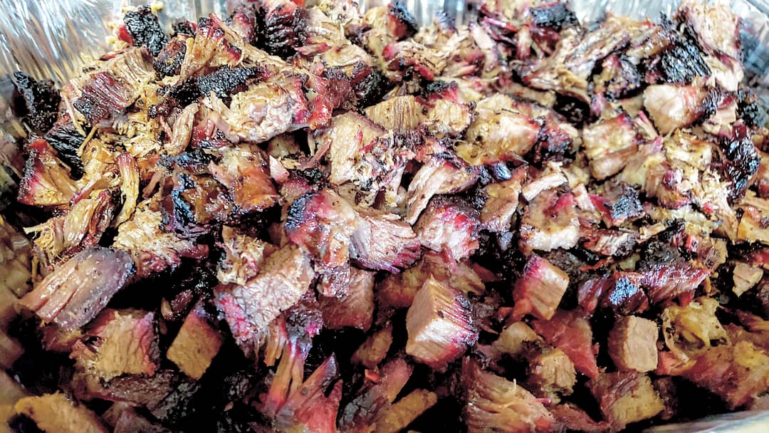 Sliced and cut-up smoked chuck roast