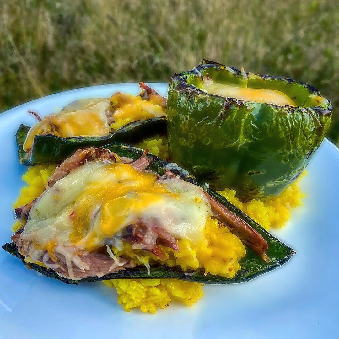 Grilled stuffed poblano peppers and a bell pepper