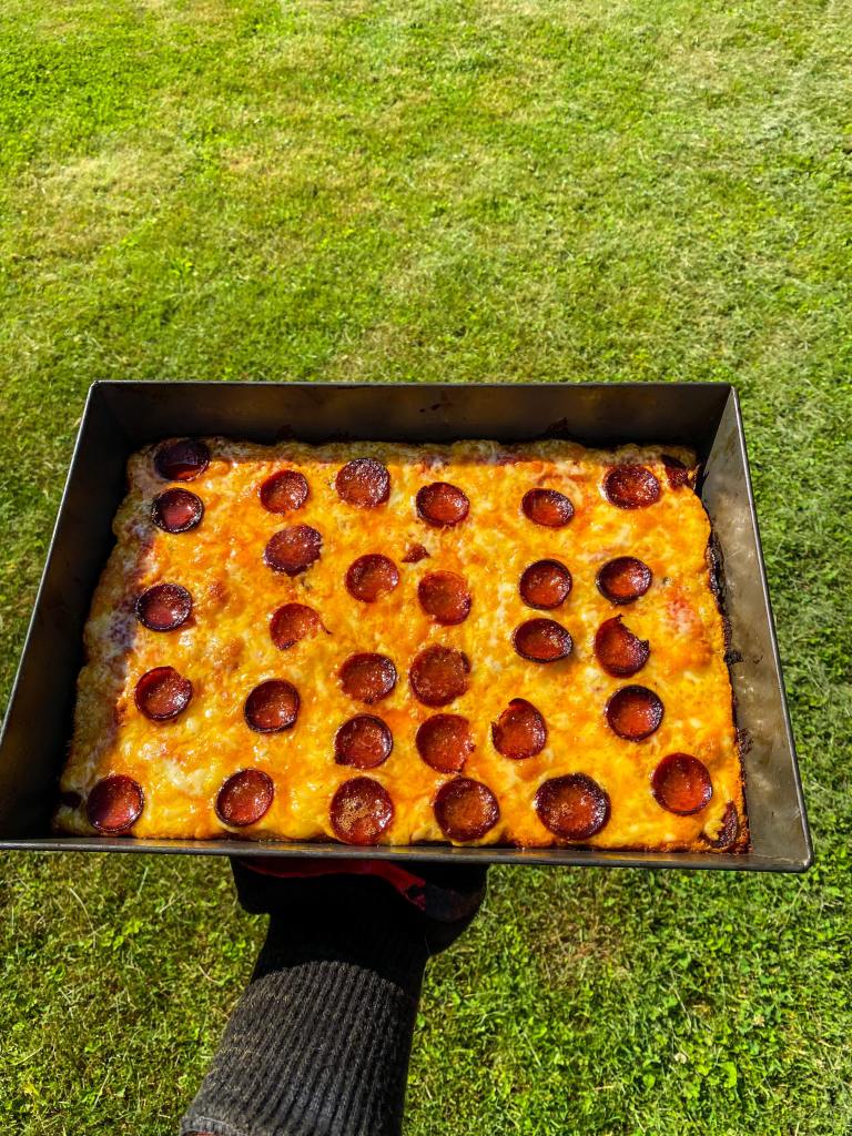 A Detroit style pizza in the Blackstone Pizza Oven