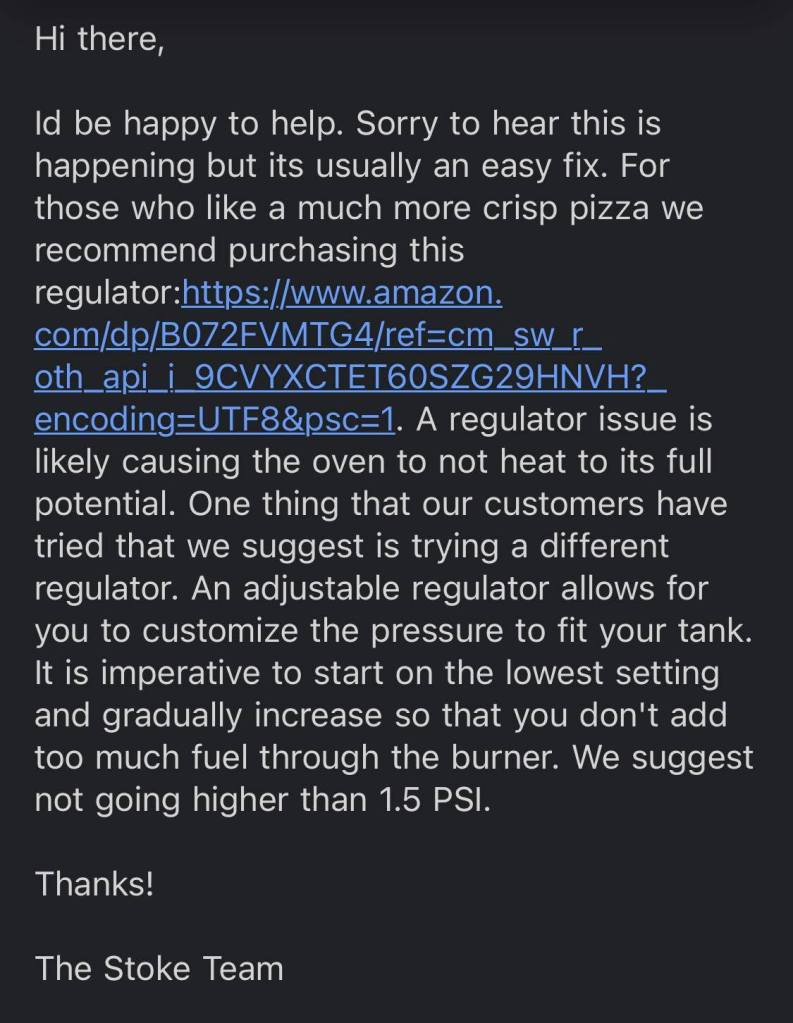 Stoke Pizza's recommendation for a different regulator.
