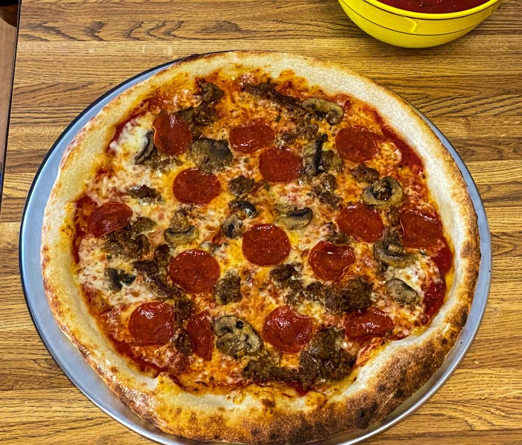 NY style pizza that was baked in the Halo Versa 16 pizza oven